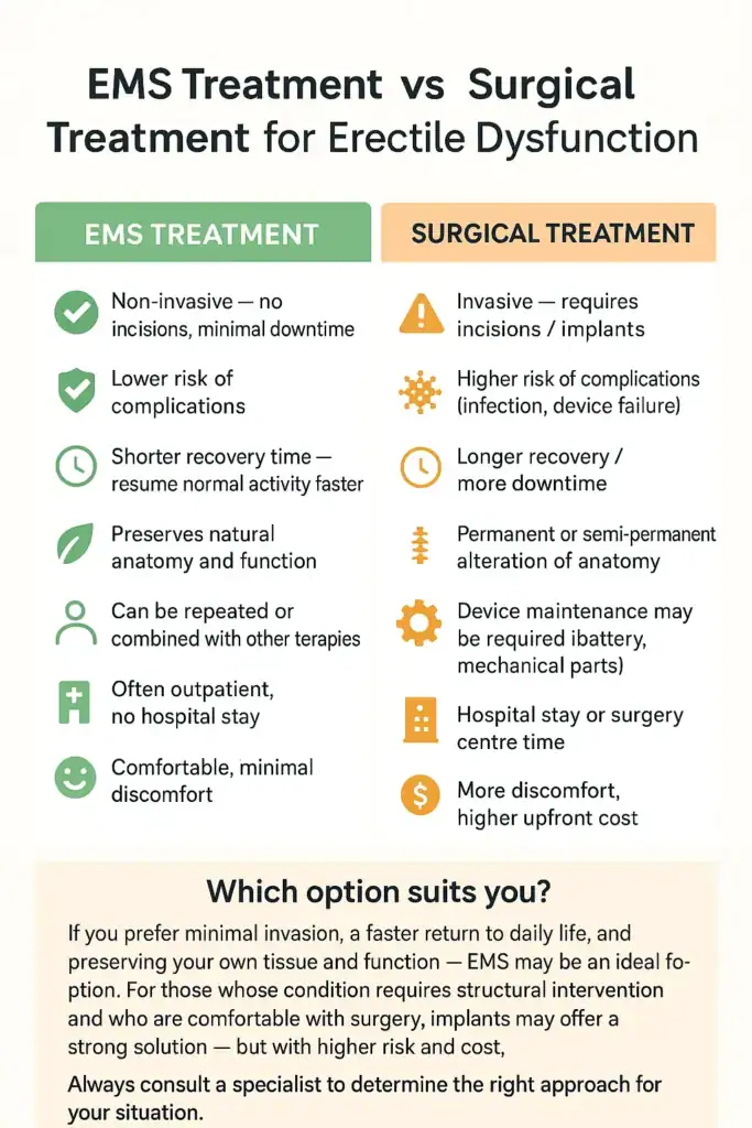 A table showing the benefits of EMS chair for erectile dysfunction treatment Luton compared to surgery.